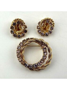 Vintage Purple Pink Sparkle Double Circle Brooch Pin Matching Clip-On Earrings